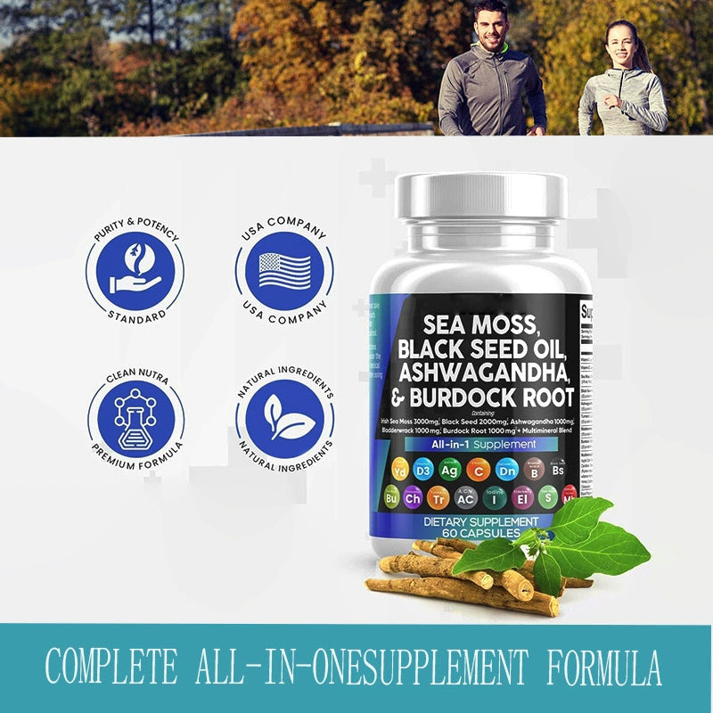Sea Moss Black Seed Oil, Ashwagandha,& Burdock Root