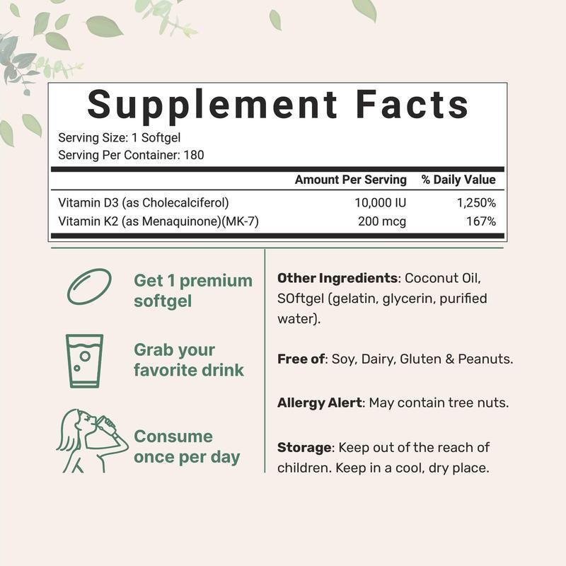 🔥🔥Vitamin D3 10000 iu Plus K2(MK-7)200 mcg,300 Virgin Coconut Oil Softgel